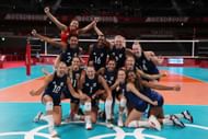 Team United States poses after defeating Team Serbia during the Women's Semifinals on day fourteen of the Tokyo 2020 Olympic Games at Ariake Arena on August 06, 2021 in Tokyo, Japan. (Photo by Toru Hanai/Getty Images)